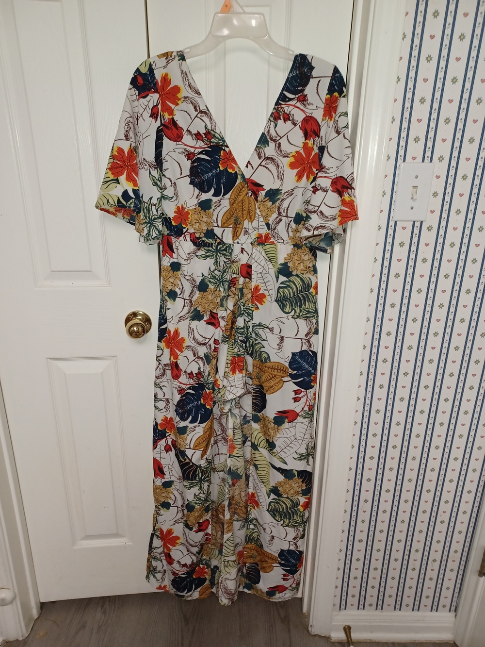 True Destiny Floral Wrap Maxi Dress Jumpsuit in White with Multicolor Print